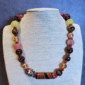 New Vintage 90s Y2K India Artisan Glass Beads Black Multi Necklace OOAK Style G